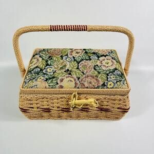 Tapestry Fabric Cushion Covered Azar Sewing Box Basket w Handle